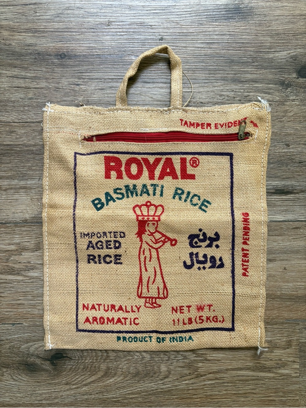 Vintage Royal Basmati Rice Burlap Sack Upcycled Zipper Bag VTG Rustic Primitive